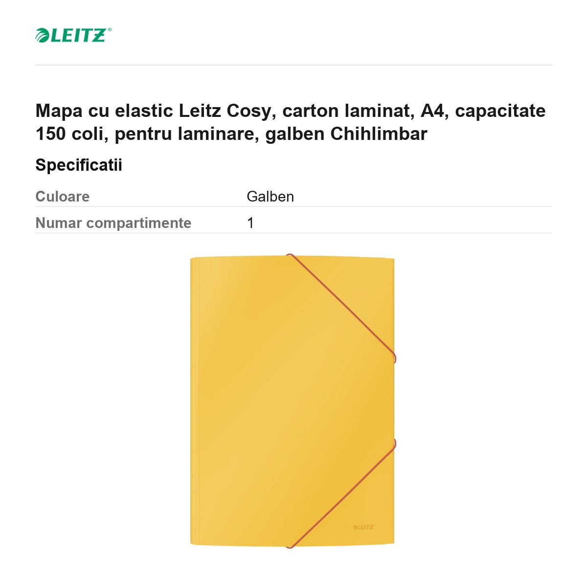 Mapa cu elastic Leitz Cosy, carton laminat, A4, capacitate 150 coli, pentru laminare, galben Chihlimbar [3]