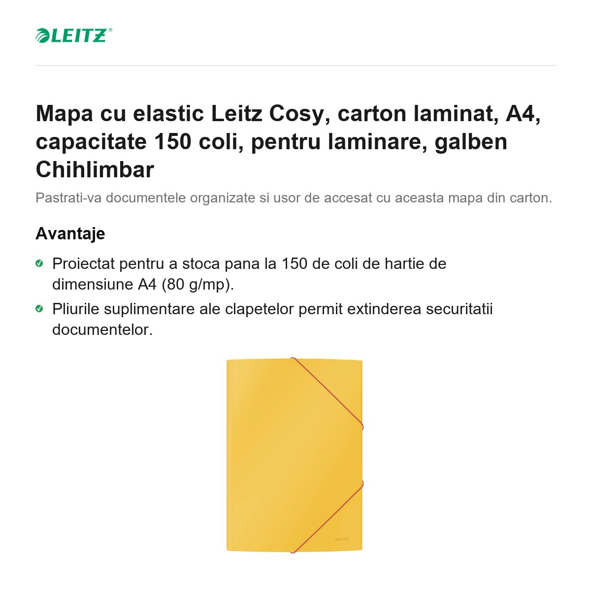Mapa cu elastic Leitz Cosy, carton laminat, A4, capacitate 150 coli, pentru laminare, galben Chihlimbar [2]