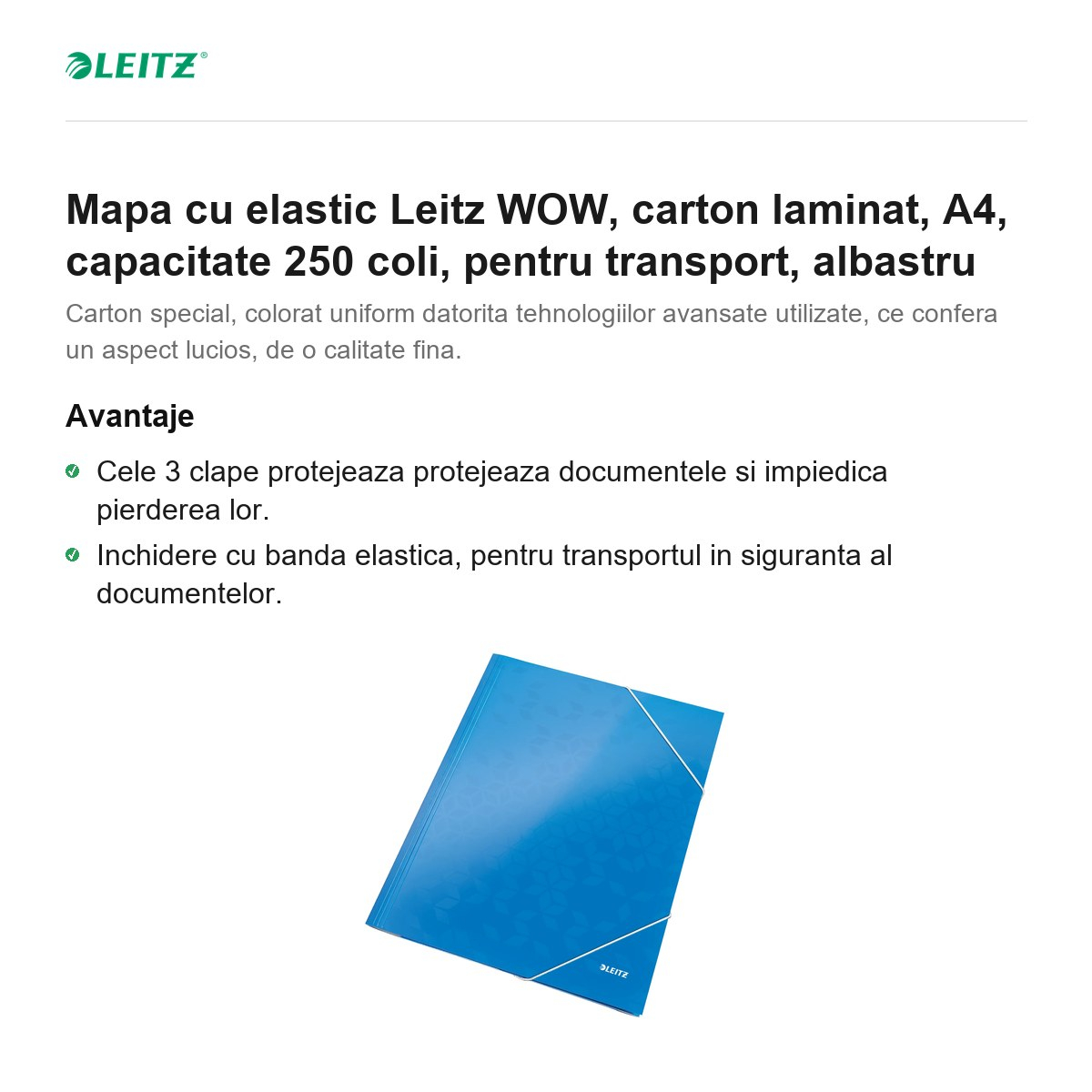 Mapa cu elastic Leitz WOW, carton laminat, A4, capacitate 250 coli, pentru transport, albastru [2]
