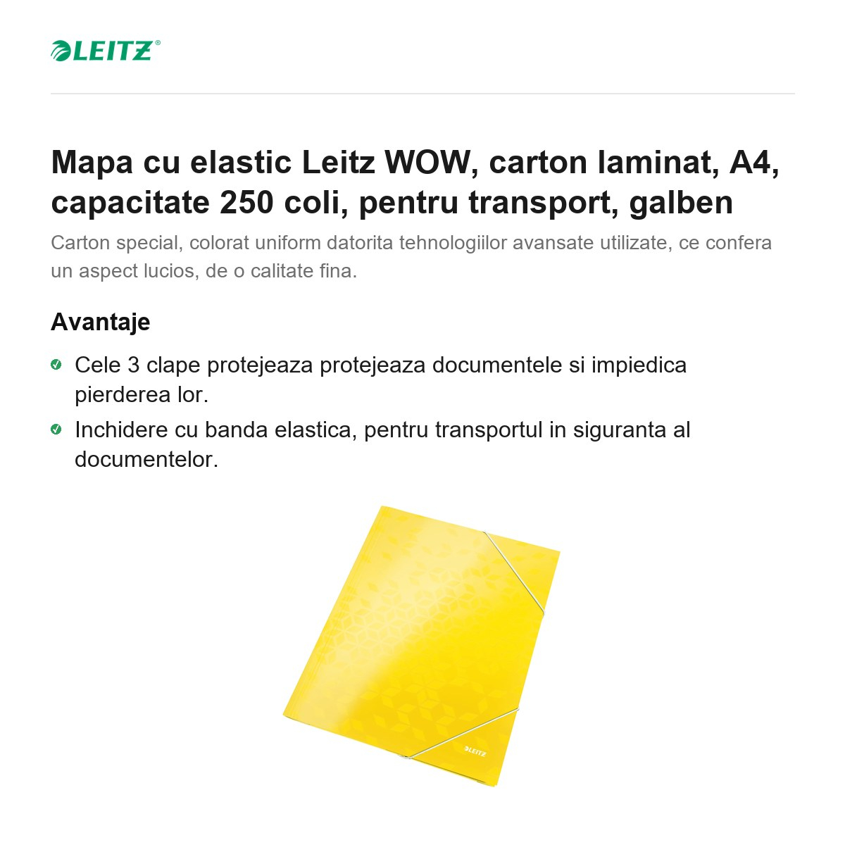 Mapa cu elastic Leitz WOW, carton laminat, A4, capacitate 250 coli, pentru transport, galben [2]