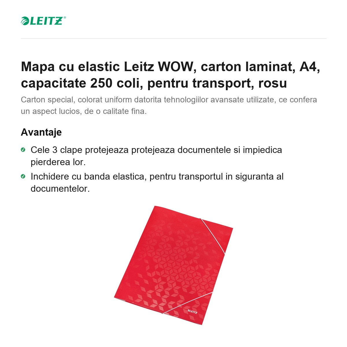 Mapa cu elastic Leitz WOW, carton laminat, A4, capacitate 250 coli, pentru transport, rosu [2]