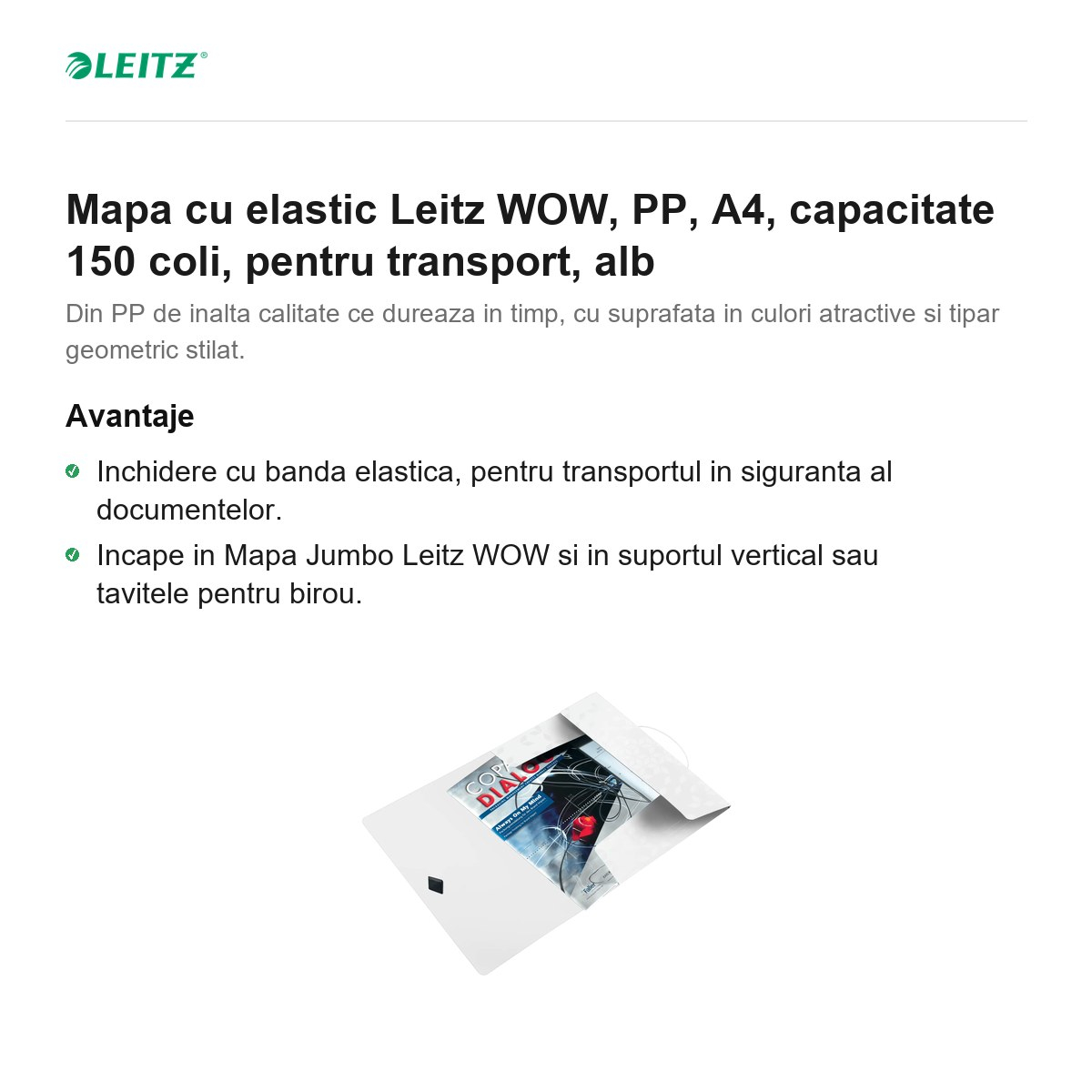 Mapa cu elastic Leitz WOW, PP, A4, capacitate 150 coli, pentru transport, alb [2]