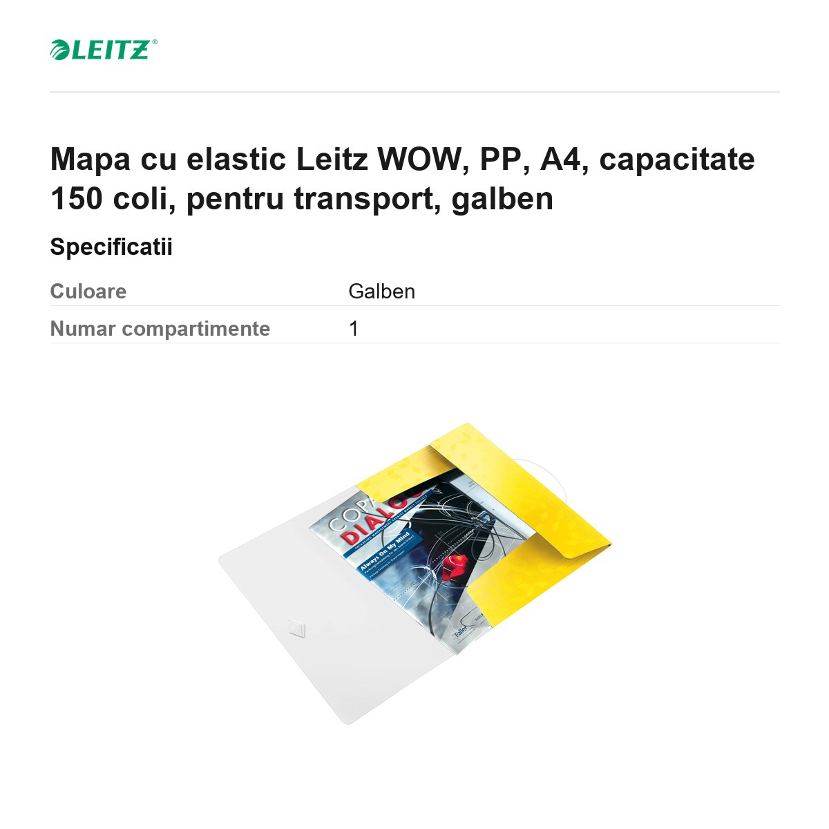 Mapa cu elastic Leitz WOW, PP, A4, capacitate 150 coli, pentru transport, galben [3]