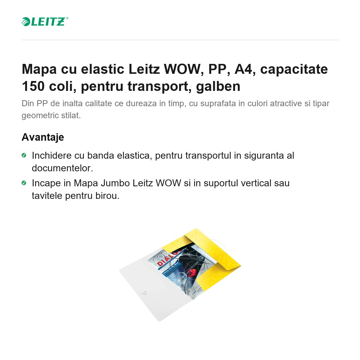 Mapa cu elastic Leitz WOW, PP, A4, capacitate 150 coli, pentru transport, galben [2]