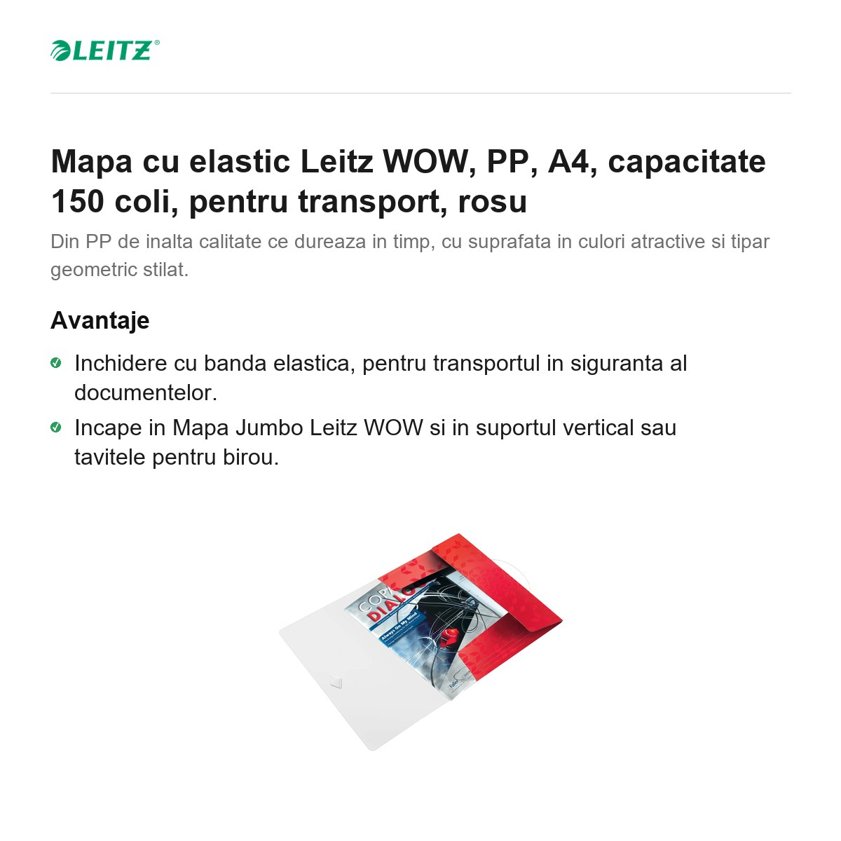 Mapa cu elastic Leitz WOW, PP, A4, capacitate 150 coli, pentru transport, rosu [2]