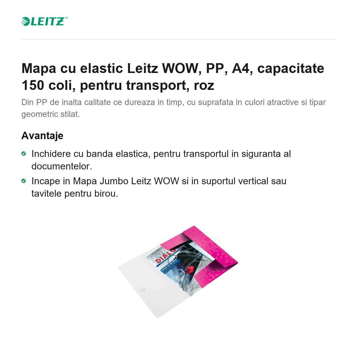 Mapa cu elastic Leitz WOW, PP, A4, capacitate 150 coli, pentru transport, roz [2]