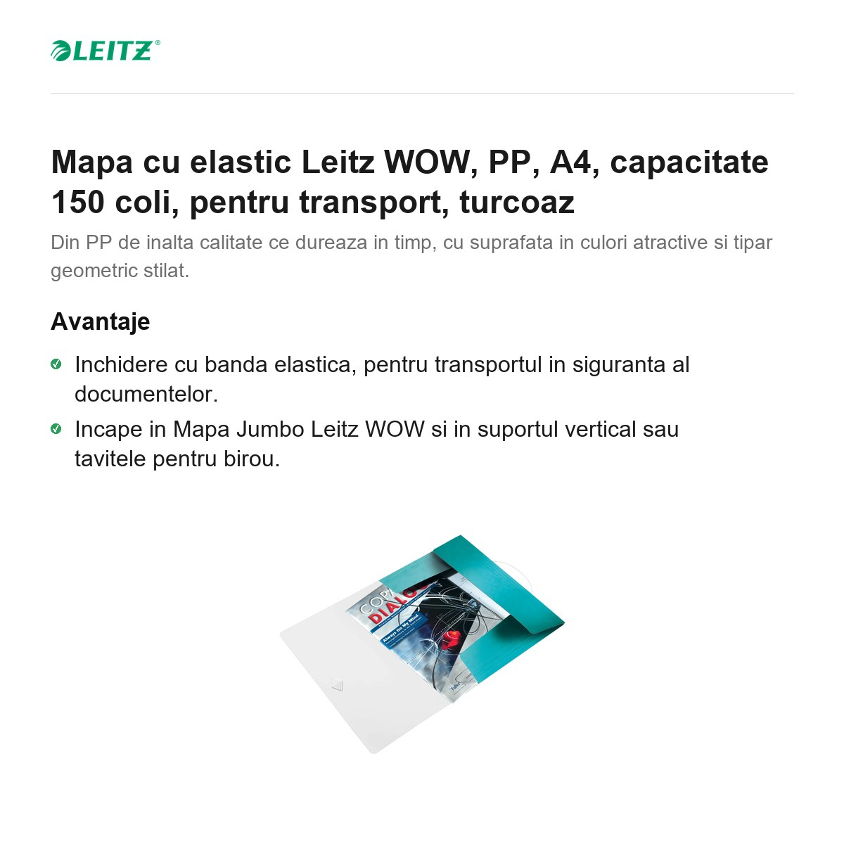 Mapa cu elastic Leitz WOW, PP, A4, capacitate 150 coli, pentru transport, turcoaz [2]