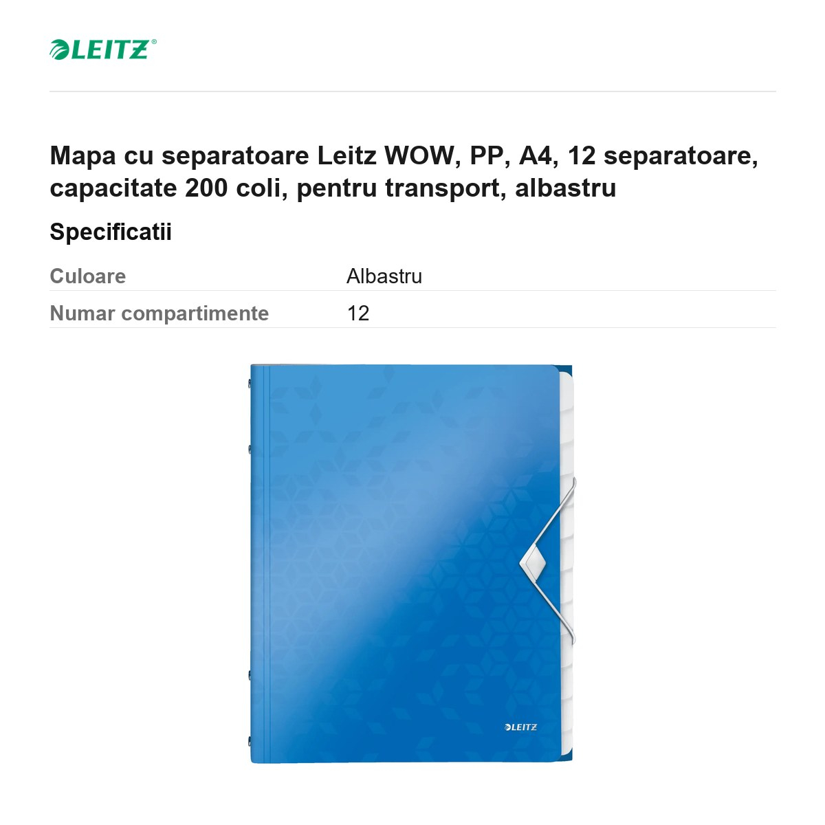 Mapa cu separatoare Leitz WOW, PP, A4, 12 separatoare, capacitate 200 coli, pentru transport, albastru [3]