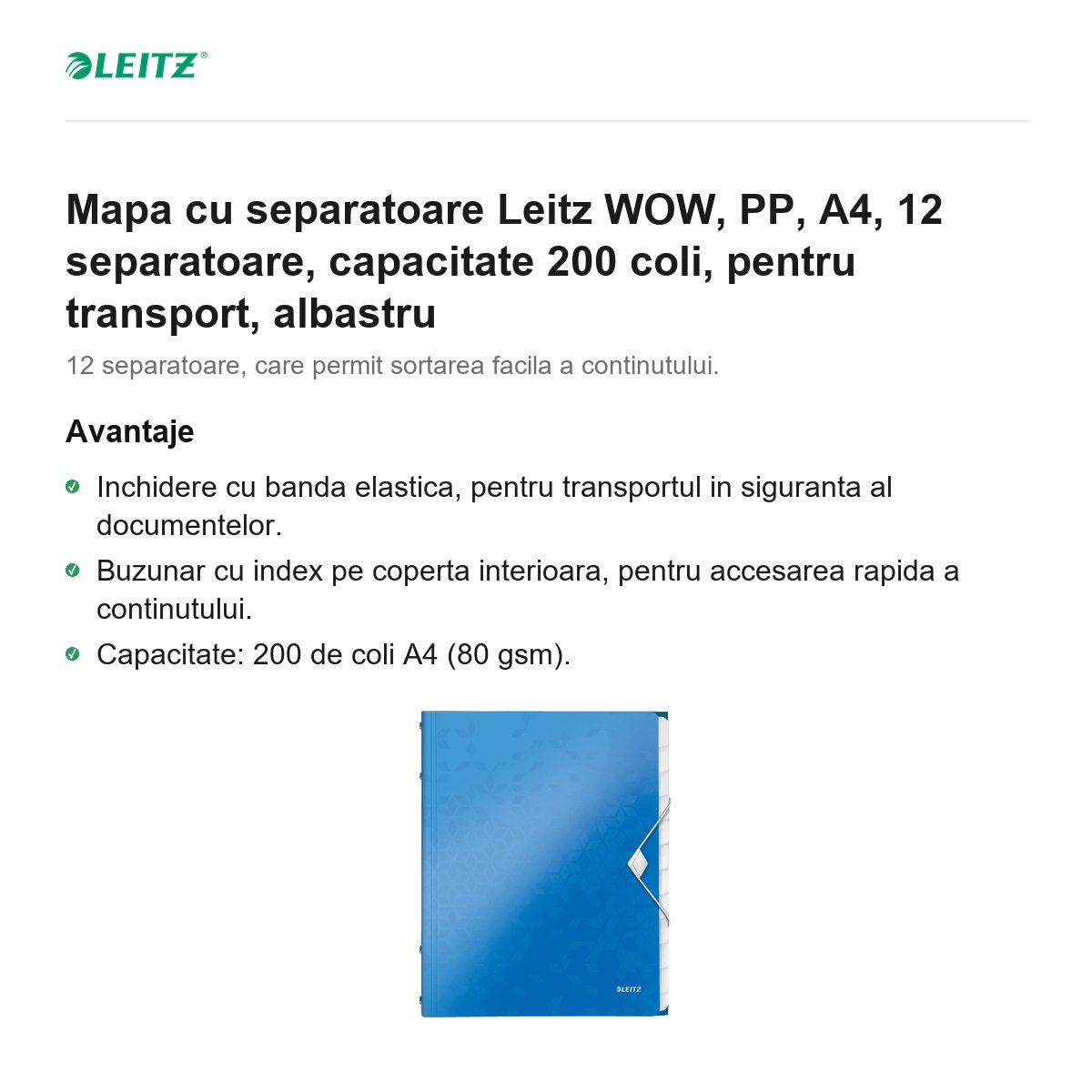 Mapa cu separatoare Leitz WOW, PP, A4, 12 separatoare, capacitate 200 coli, pentru transport, albastru [2]