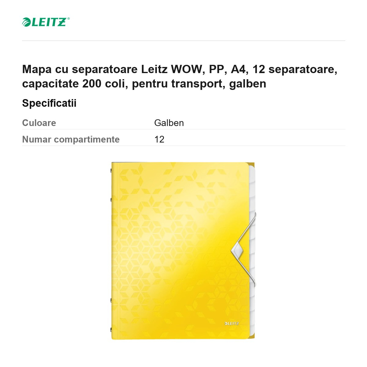 Mapa cu separatoare Leitz WOW, PP, A4, 12 separatoare, capacitate 200 coli, pentru transport, galben [3]
