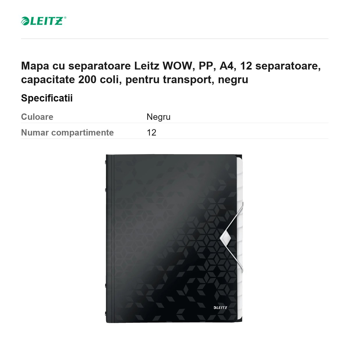 Mapa cu separatoare Leitz WOW, PP, A4, 12 separatoare, capacitate 200 coli, pentru transport, negru [3]