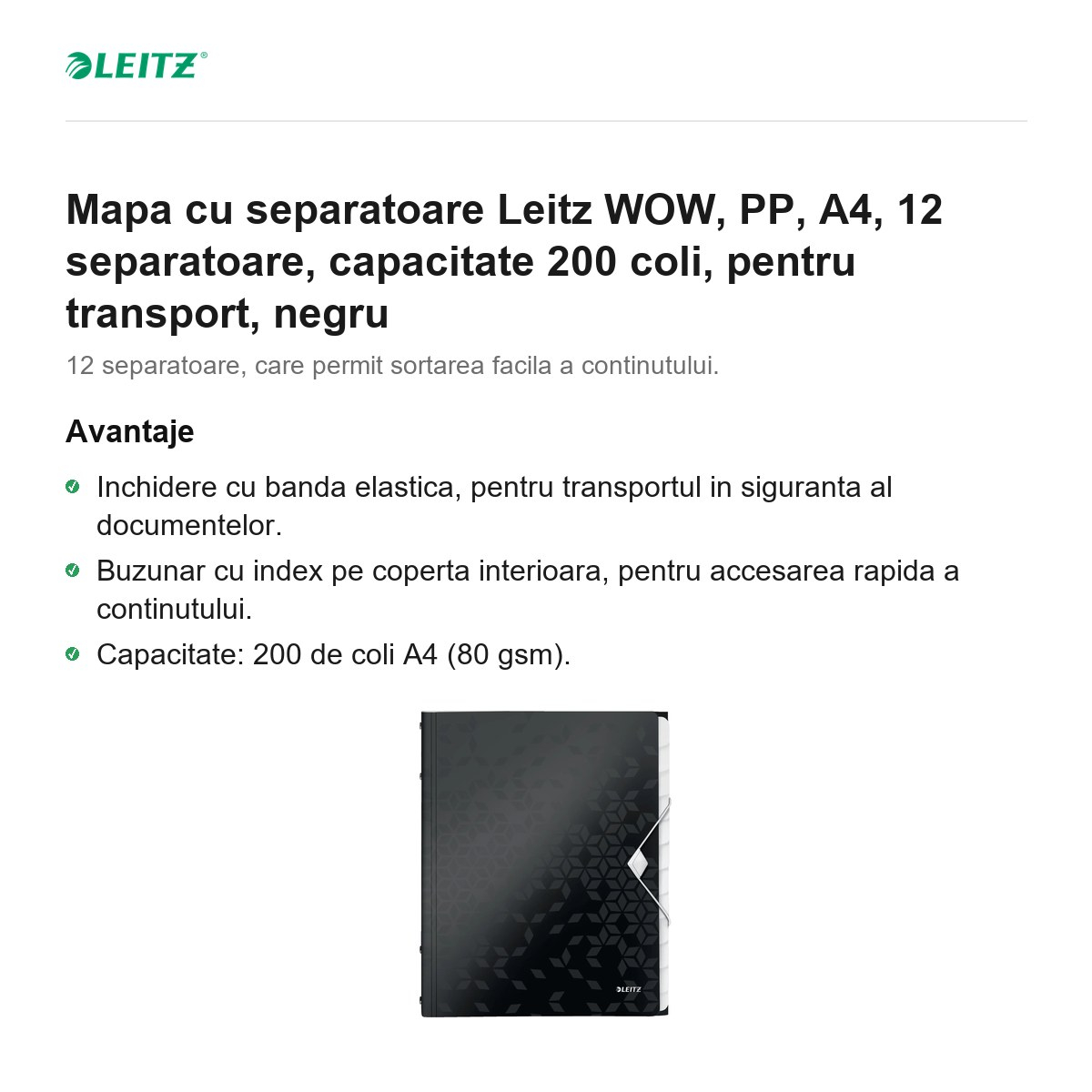 Mapa cu separatoare Leitz WOW, PP, A4, 12 separatoare, capacitate 200 coli, pentru transport, negru [2]