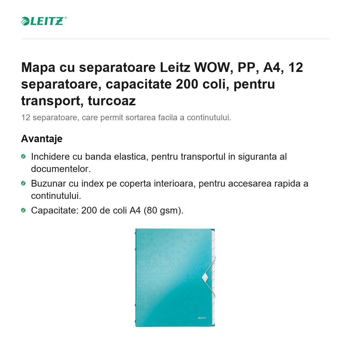 Mapa cu separatoare Leitz WOW, PP, A4, 12 separatoare, capacitate 200 coli, pentru transport, turcoaz [2]
