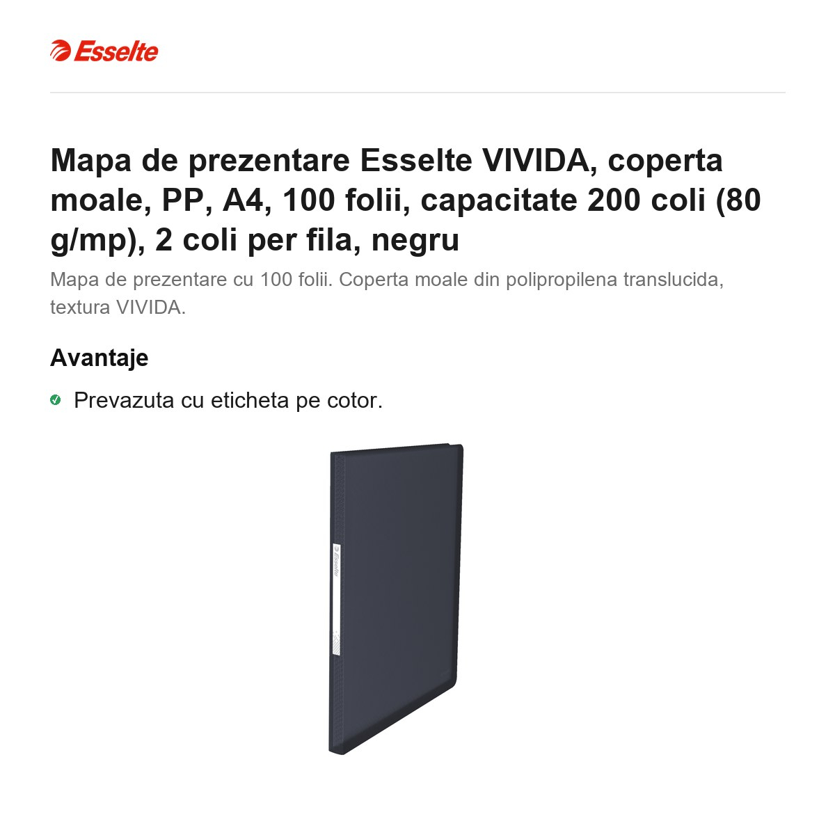 Mapa de prezentare Esselte VIVIDA, coperta moale, PP, A4, 100 folii, capacitate 200 coli (80 g/mp), 2 coli per fila, negru [2]