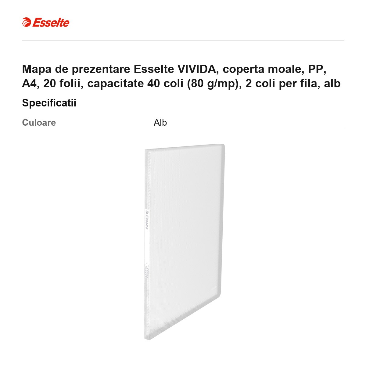 Mapa de prezentare Esselte VIVIDA, coperta moale, PP, A4, 20 folii, capacitate 40 coli (80 g/mp), 2 coli per fila, alb [3]