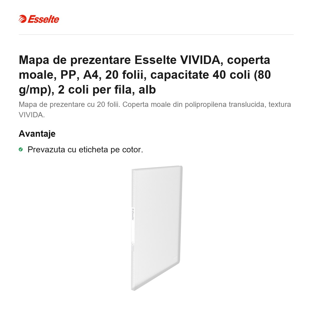 Mapa de prezentare Esselte VIVIDA, coperta moale, PP, A4, 20 folii, capacitate 40 coli (80 g/mp), 2 coli per fila, alb [2]