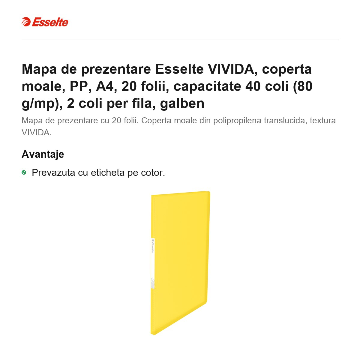 Mapa de prezentare Esselte VIVIDA, coperta moale, PP, A4, 20 folii, capacitate 40 coli (80 g/mp), 2 coli per fila, galben [2]