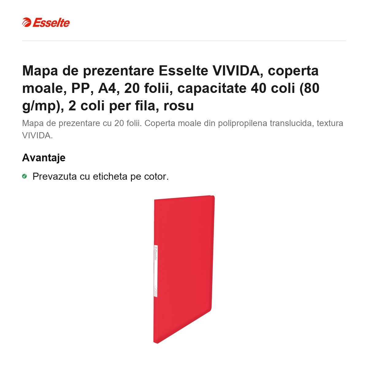 Mapa de prezentare Esselte VIVIDA, coperta moale, PP, A4, 20 folii, capacitate 40 coli (80 g/mp), 2 coli per fila, rosu [2]