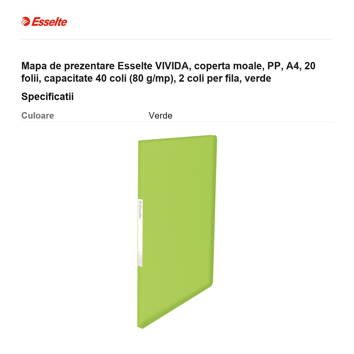 Mapa de prezentare Esselte VIVIDA, coperta moale, PP, A4, 20 folii, capacitate 40 coli (80 g/mp), 2 coli per fila, verde [3]