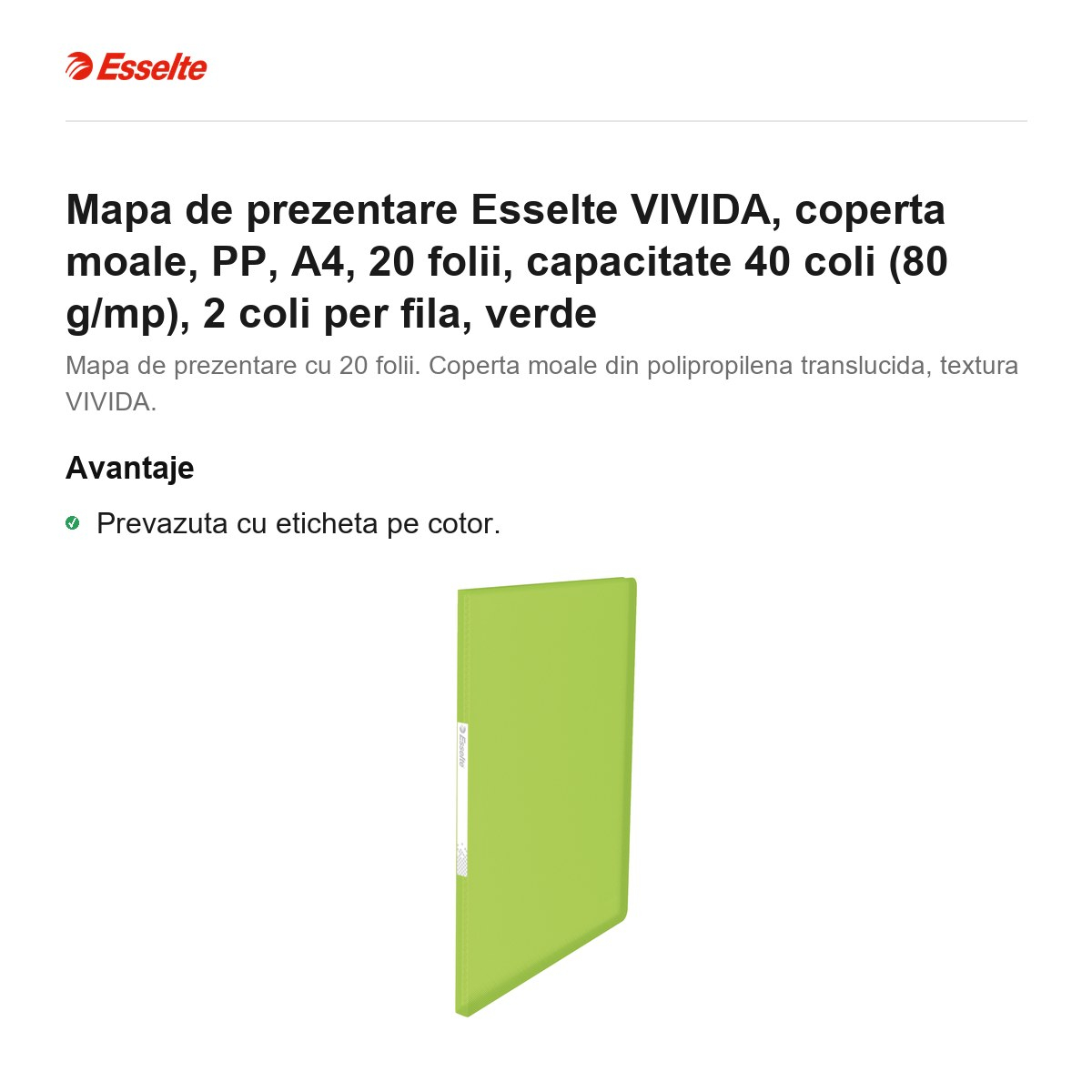 Mapa de prezentare Esselte VIVIDA, coperta moale, PP, A4, 20 folii, capacitate 40 coli (80 g/mp), 2 coli per fila, verde [2]