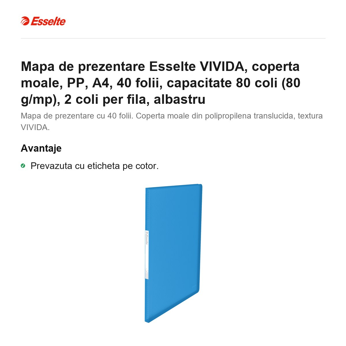 Mapa de prezentare Esselte VIVIDA, coperta moale, PP, A4, 40 folii, capacitate 80 coli (80 g/mp), 2 coli per fila, albastru [2]