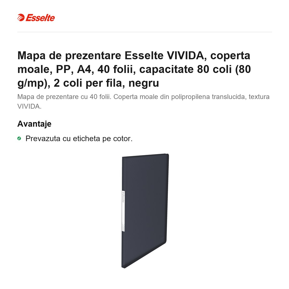 Mapa de prezentare Esselte VIVIDA, coperta moale, PP, A4, 40 folii, capacitate 80 coli (80 g/mp), 2 coli per fila, negru [2]