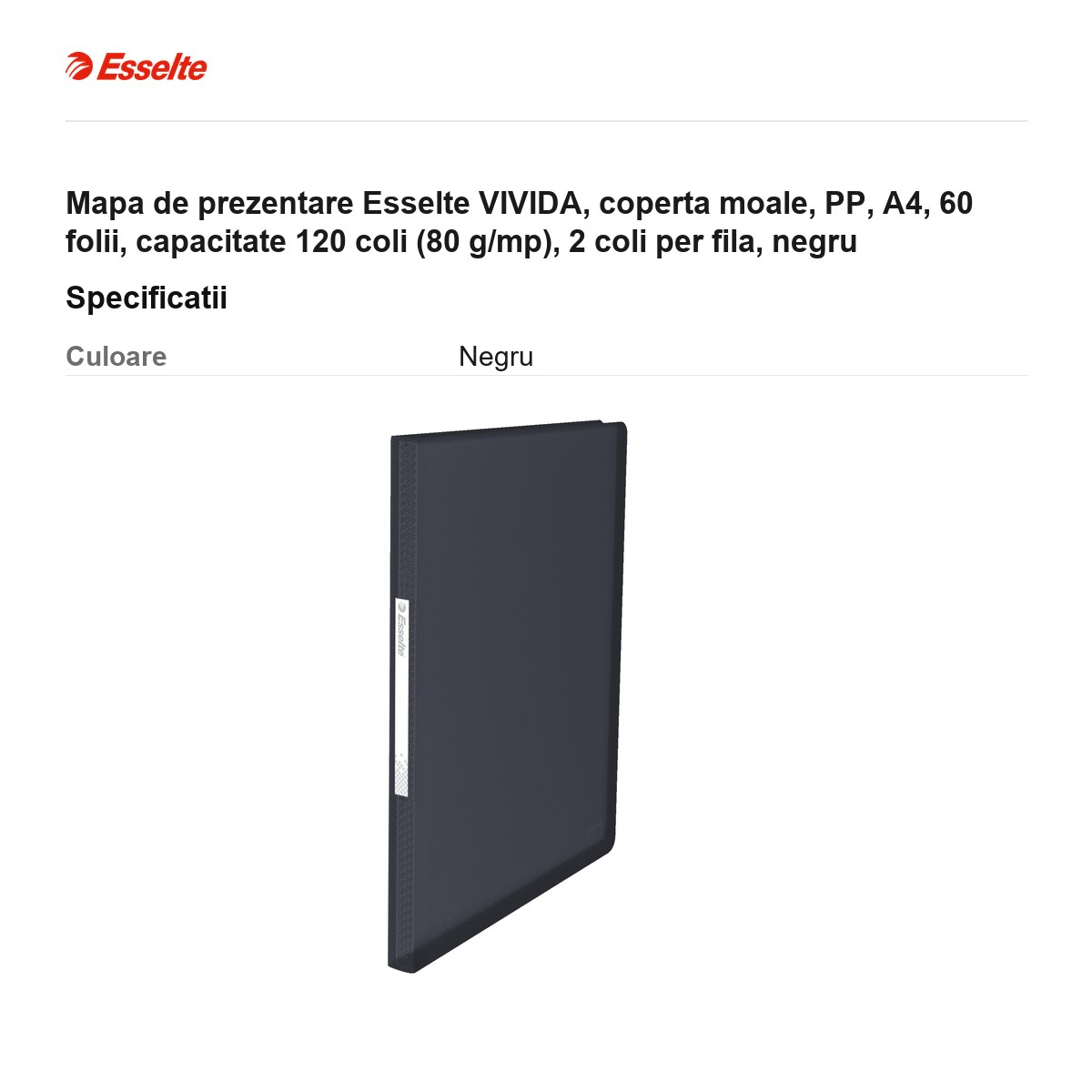 Mapa de prezentare Esselte VIVIDA, coperta moale, PP, A4, 60 folii, capacitate 120 coli (80 g/mp), 2 coli per fila, negru [3]