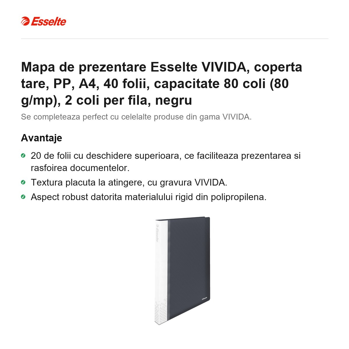 Mapa de prezentare Esselte VIVIDA, coperta tare, PP, A4, 40 folii, capacitate 80 coli (80 g/mp), 2 coli per fila, negru [2]