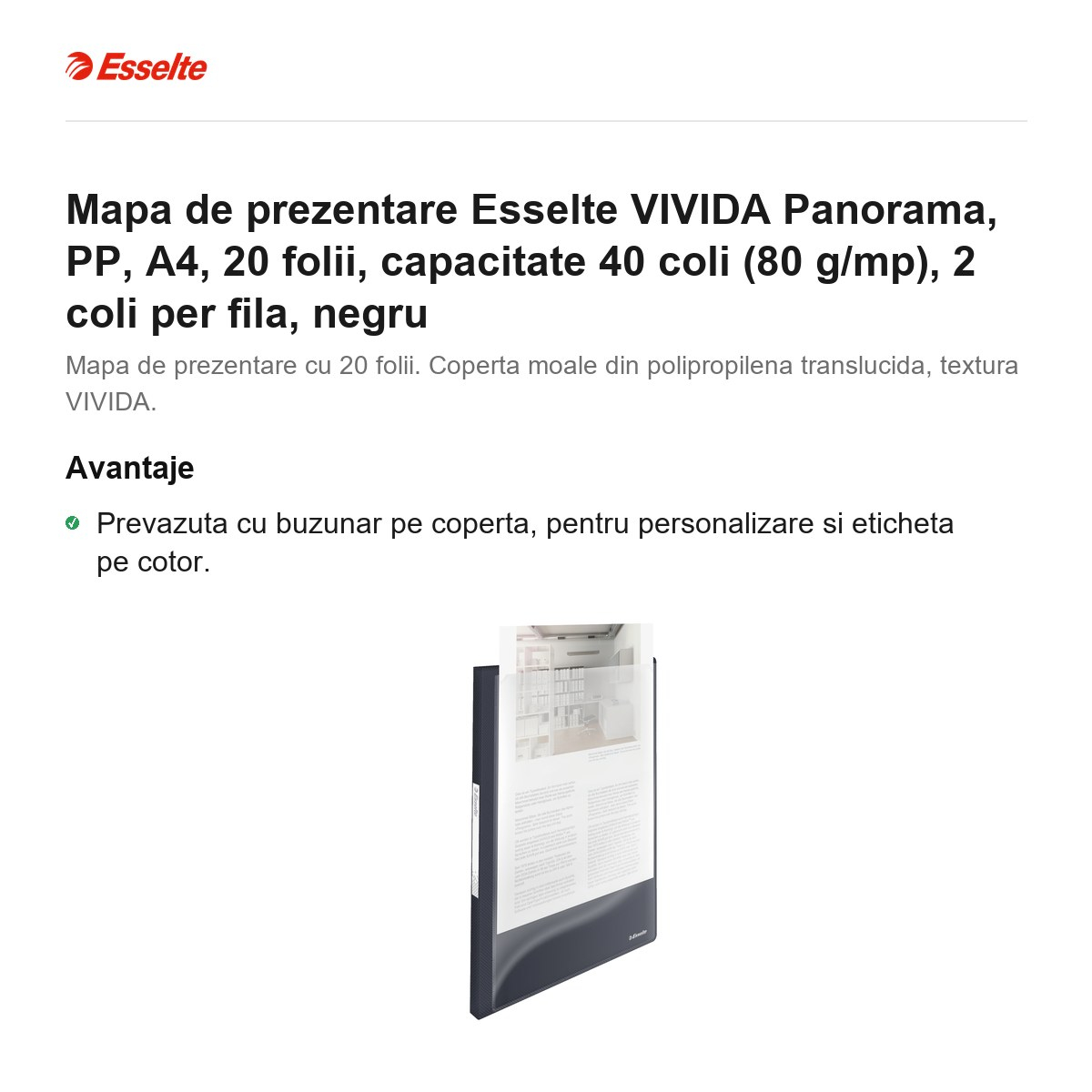 Mapa de prezentare Esselte VIVIDA Panorama, PP, A4, 20 folii, capacitate 40 coli (80 g/mp), 2 coli per fila, negru [2]