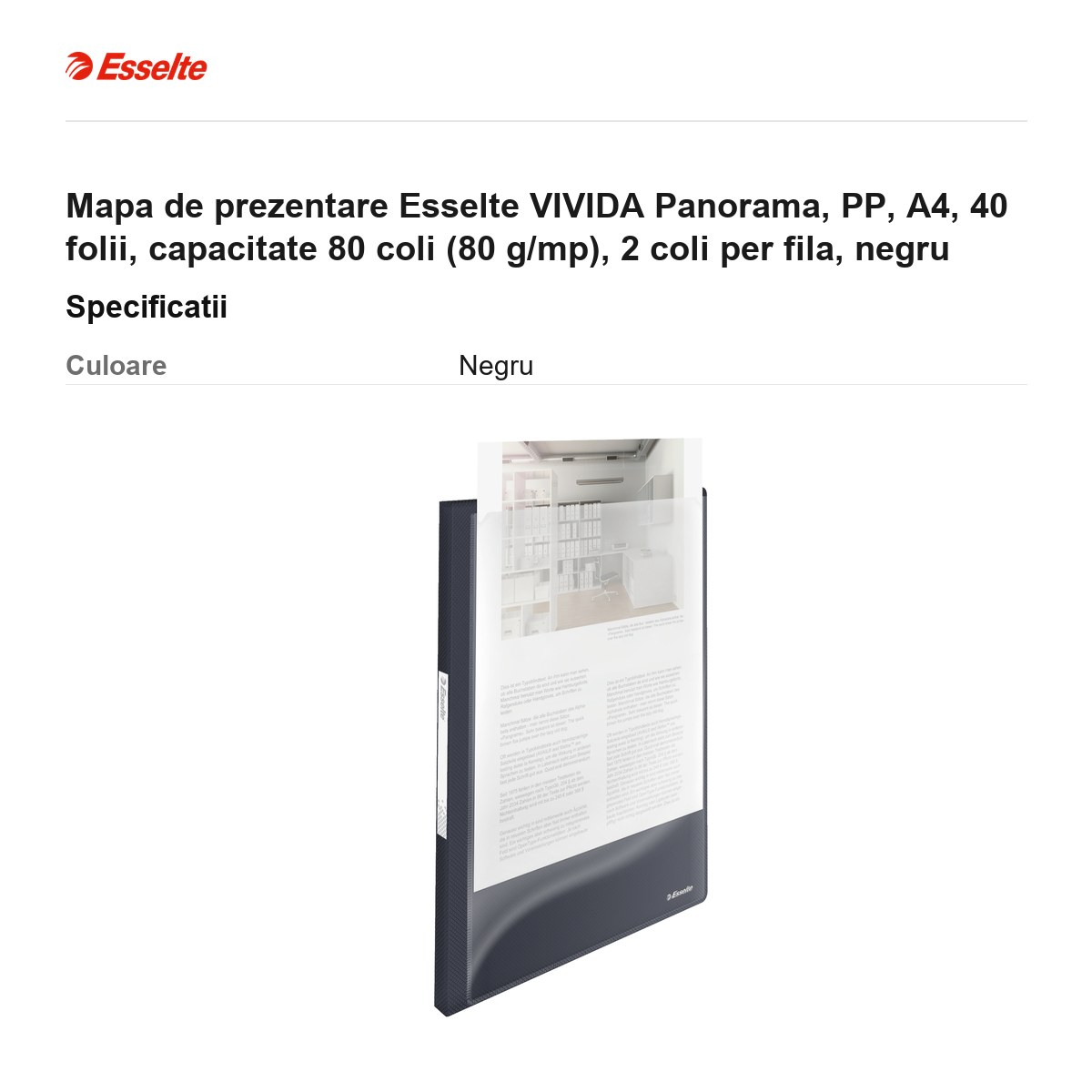 Mapa de prezentare Esselte VIVIDA Panorama, PP, A4, 40 folii, capacitate 80 coli (80 g/mp), 2 coli per fila, negru [3]
