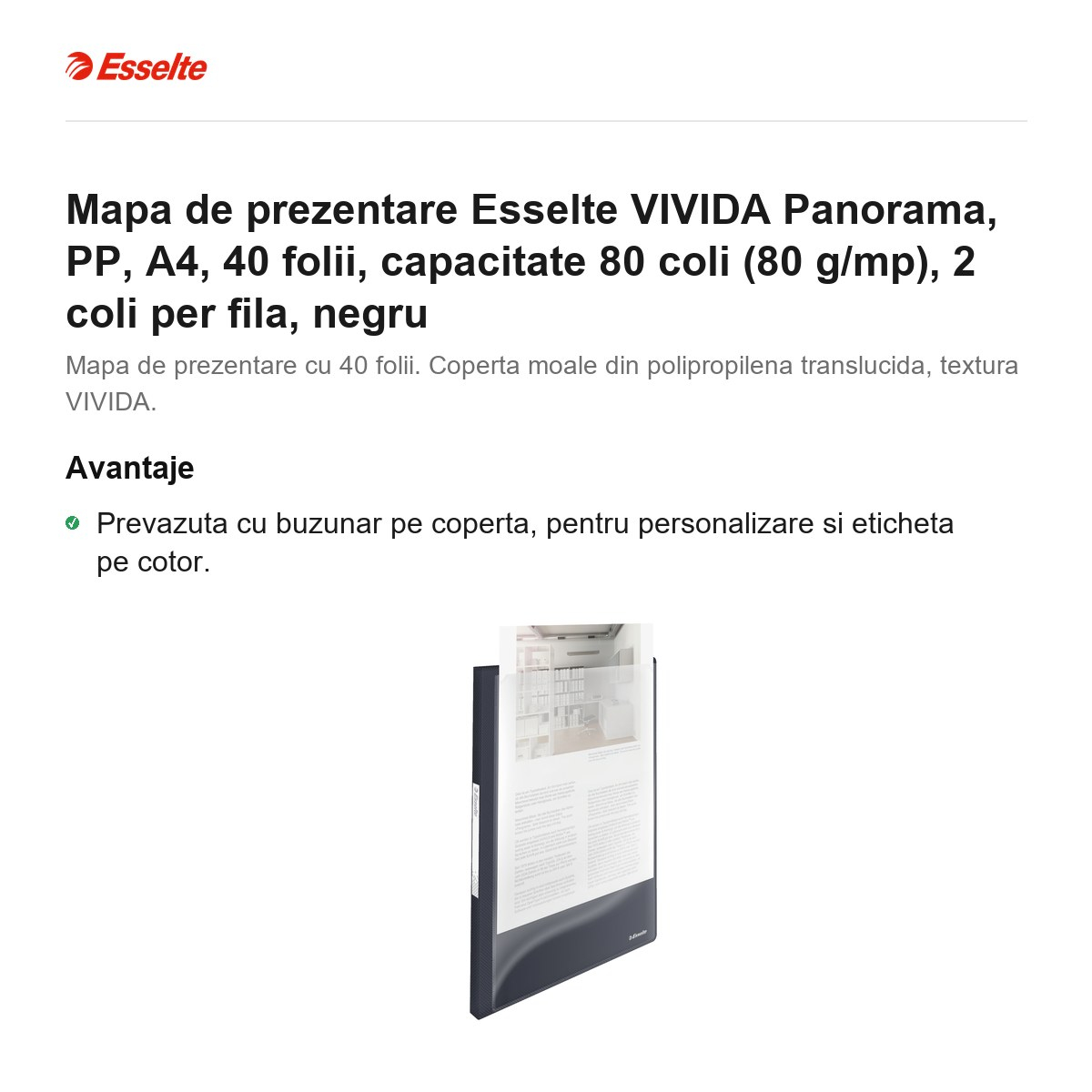 Mapa de prezentare Esselte VIVIDA Panorama, PP, A4, 40 folii, capacitate 80 coli (80 g/mp), 2 coli per fila, negru [2]