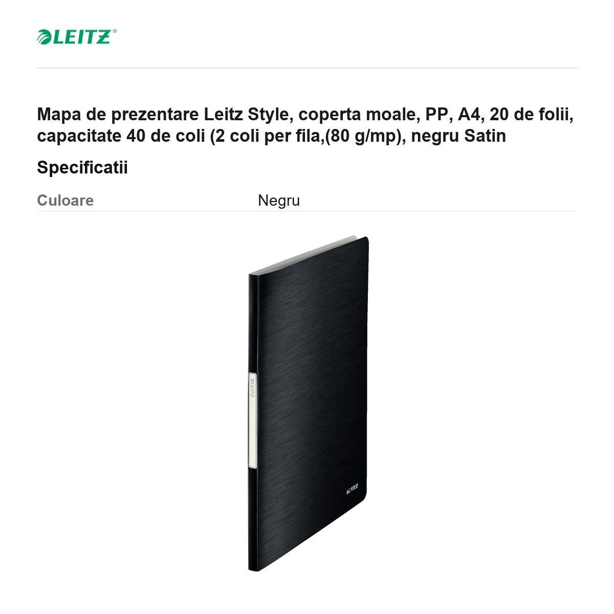 Mapa de prezentare Leitz Style, coperta moale, PP, A4, 20 de folii, capacitate 40 de coli (2 coli per fila,(80 g/mp), negru Satin [3]