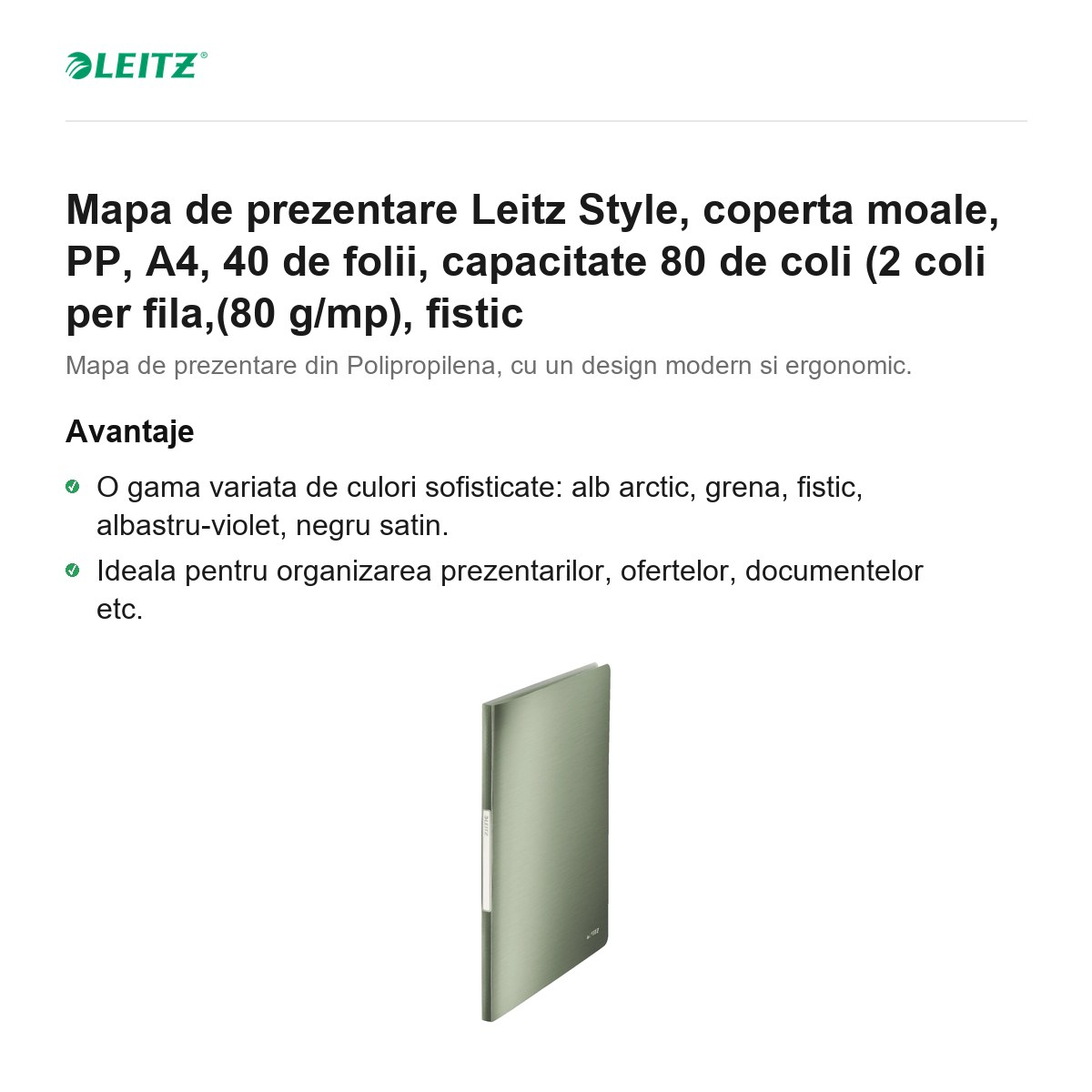 Mapa de prezentare Leitz Style, coperta moale, PP, A4, 40 de folii, capacitate 80 de coli (2 coli per fila,(80 g/mp), fistic [2]