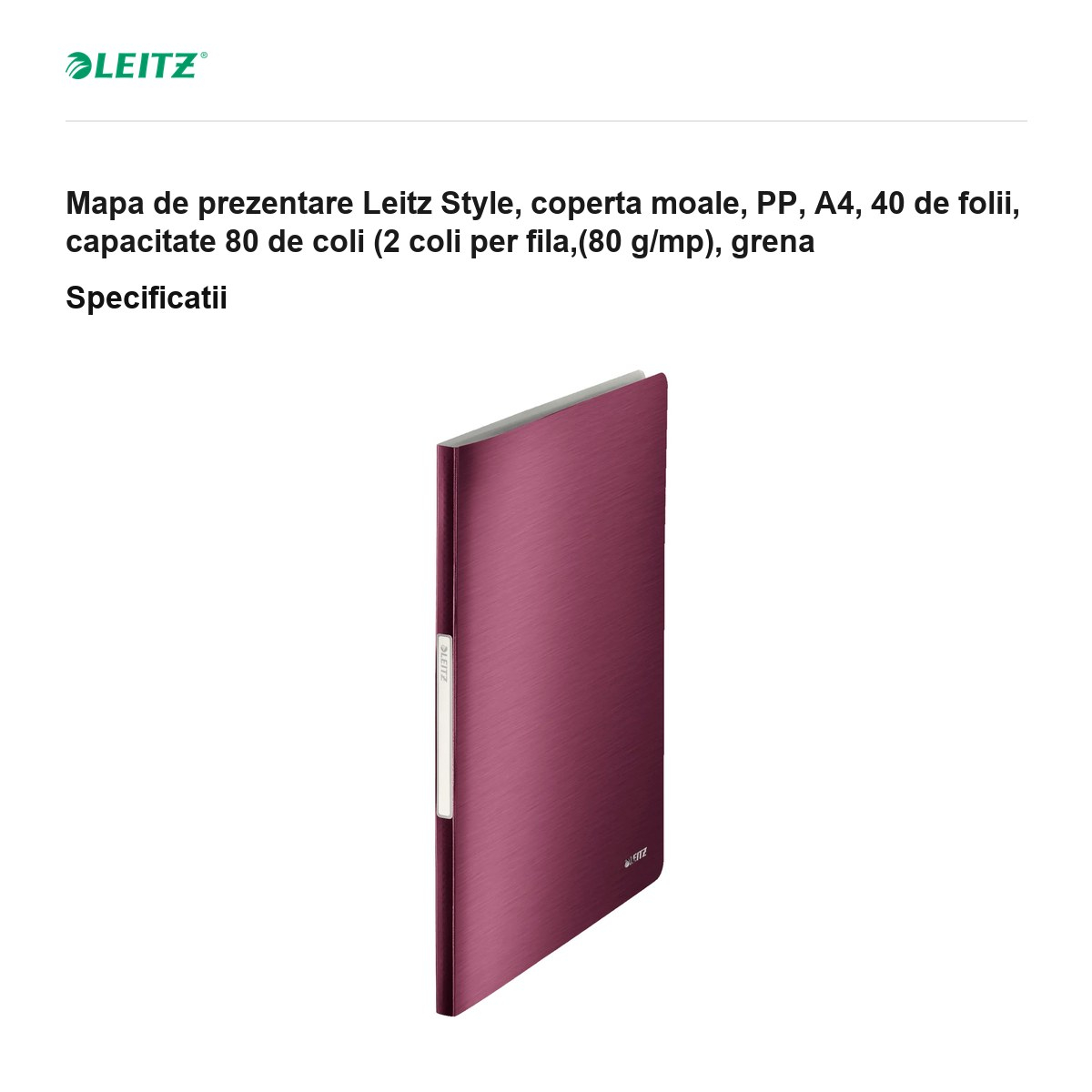 Mapa de prezentare Leitz Style, coperta moale, PP, A4, 40 de folii, capacitate 80 de coli (2 coli per fila,(80 g/mp), grena [3]