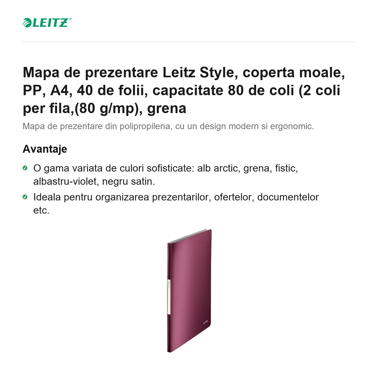 Mapa de prezentare Leitz Style, coperta moale, PP, A4, 40 de folii, capacitate 80 de coli (2 coli per fila,(80 g/mp), grena [2]