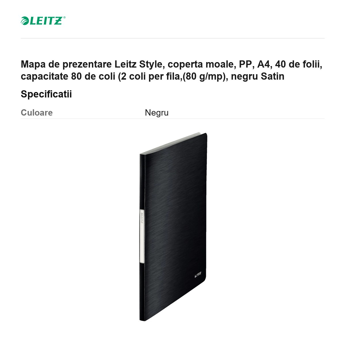 Mapa de prezentare Leitz Style, coperta moale, PP, A4, 40 de folii, capacitate 80 de coli (2 coli per fila,(80 g/mp), negru Satin [3]
