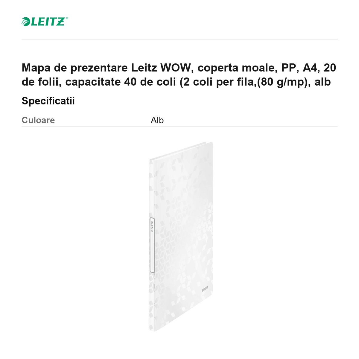 Mapa de prezentare Leitz WOW, coperta moale, PP, A4, 20 de folii, capacitate 40 de coli (2 coli per fila,(80 g/mp), alb [3]