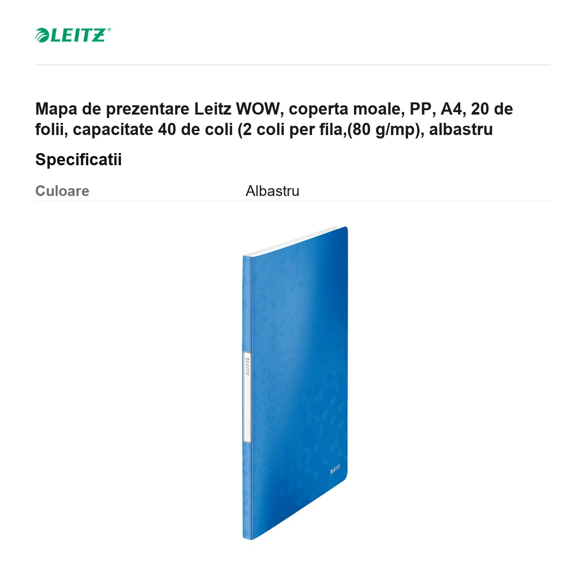 Mapa de prezentare Leitz WOW, coperta moale, PP, A4, 20 de folii, capacitate 40 de coli (2 coli per fila,(80 g/mp), albastru [3]