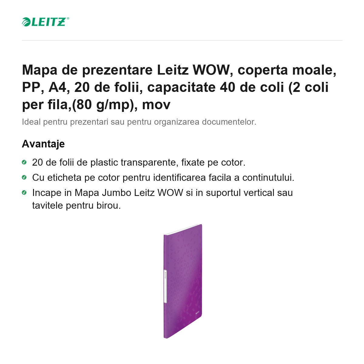 Mapa de prezentare Leitz WOW, coperta moale, PP, A4, 20 de folii, capacitate 40 de coli (2 coli per fila,(80 g/mp), mov [2]