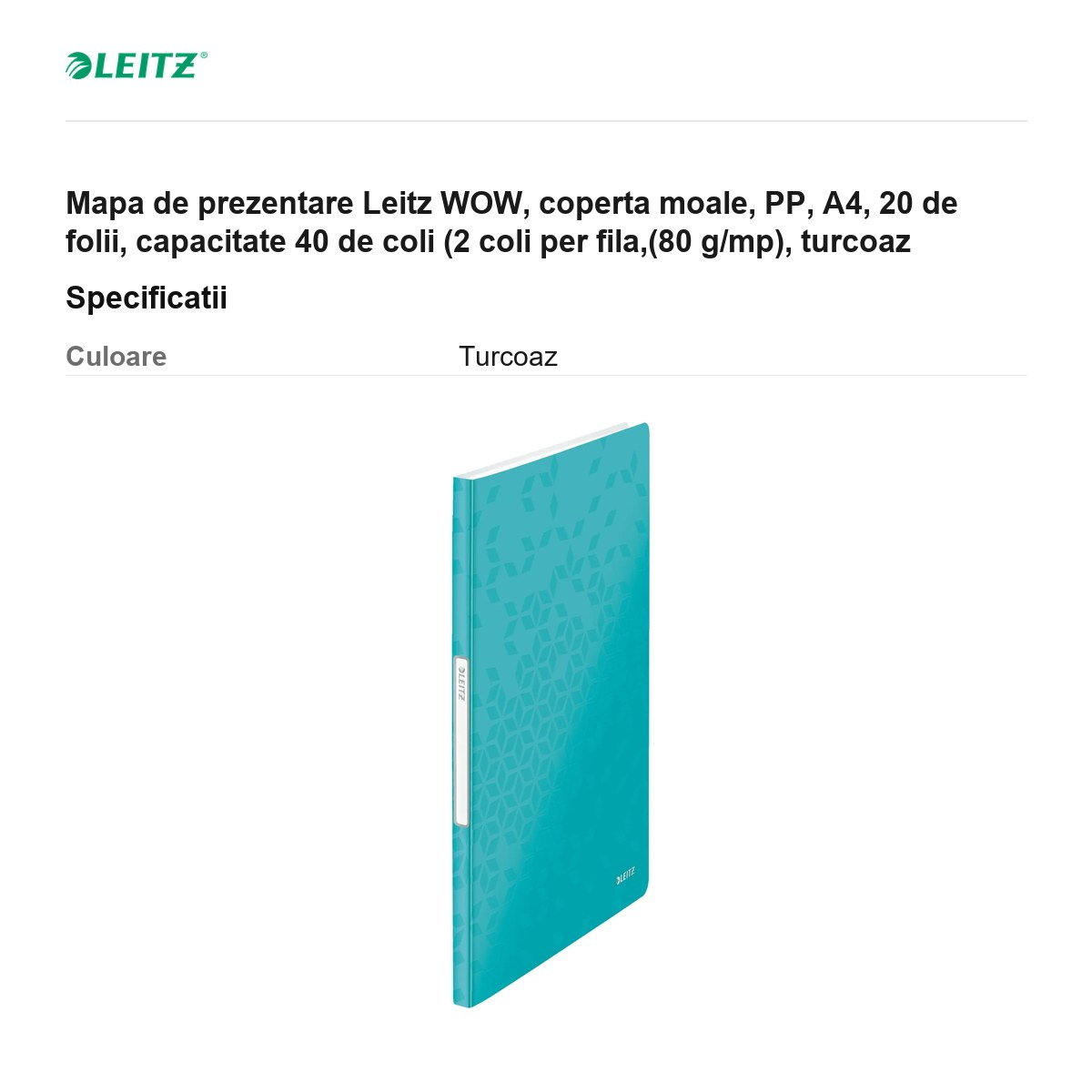 Mapa de prezentare Leitz WOW, coperta moale, PP, A4, 20 de folii, capacitate 40 de coli (2 coli per fila,(80 g/mp), turcoaz [3]