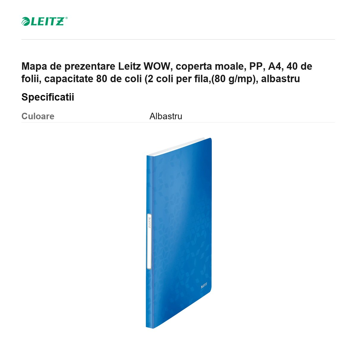 Mapa de prezentare Leitz WOW, coperta moale, PP, A4, 40 de folii, capacitate 80 de coli (2 coli per fila,(80 g/mp), albastru [3]