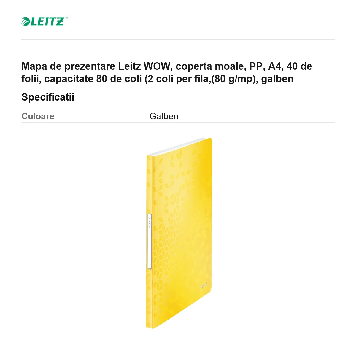 Mapa de prezentare Leitz WOW, coperta moale, PP, A4, 40 de folii, capacitate 80 de coli (2 coli per fila,(80 g/mp), galben [3]