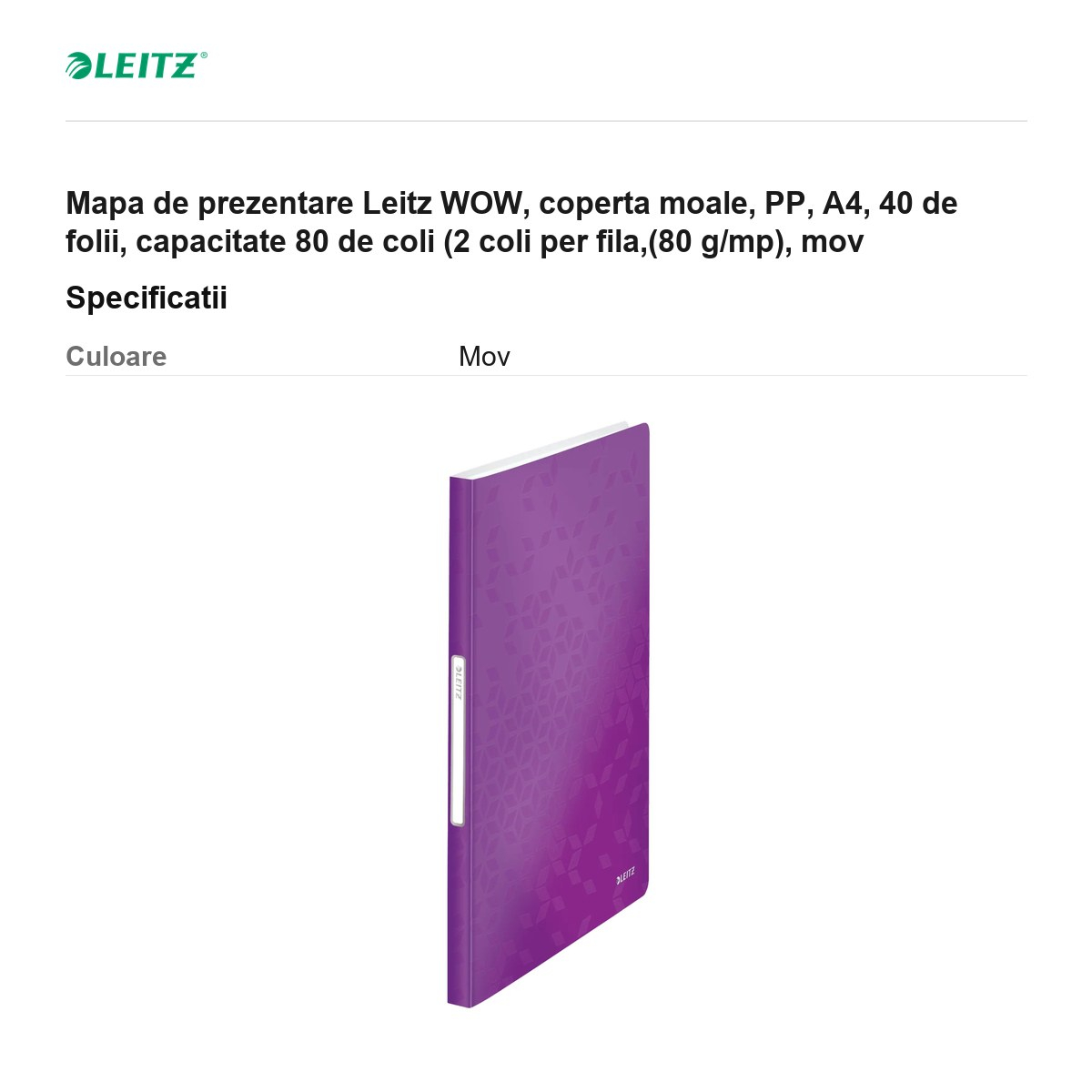 Mapa de prezentare Leitz WOW, coperta moale, PP, A4, 40 de folii, capacitate 80 de coli (2 coli per fila,(80 g/mp), mov [3]