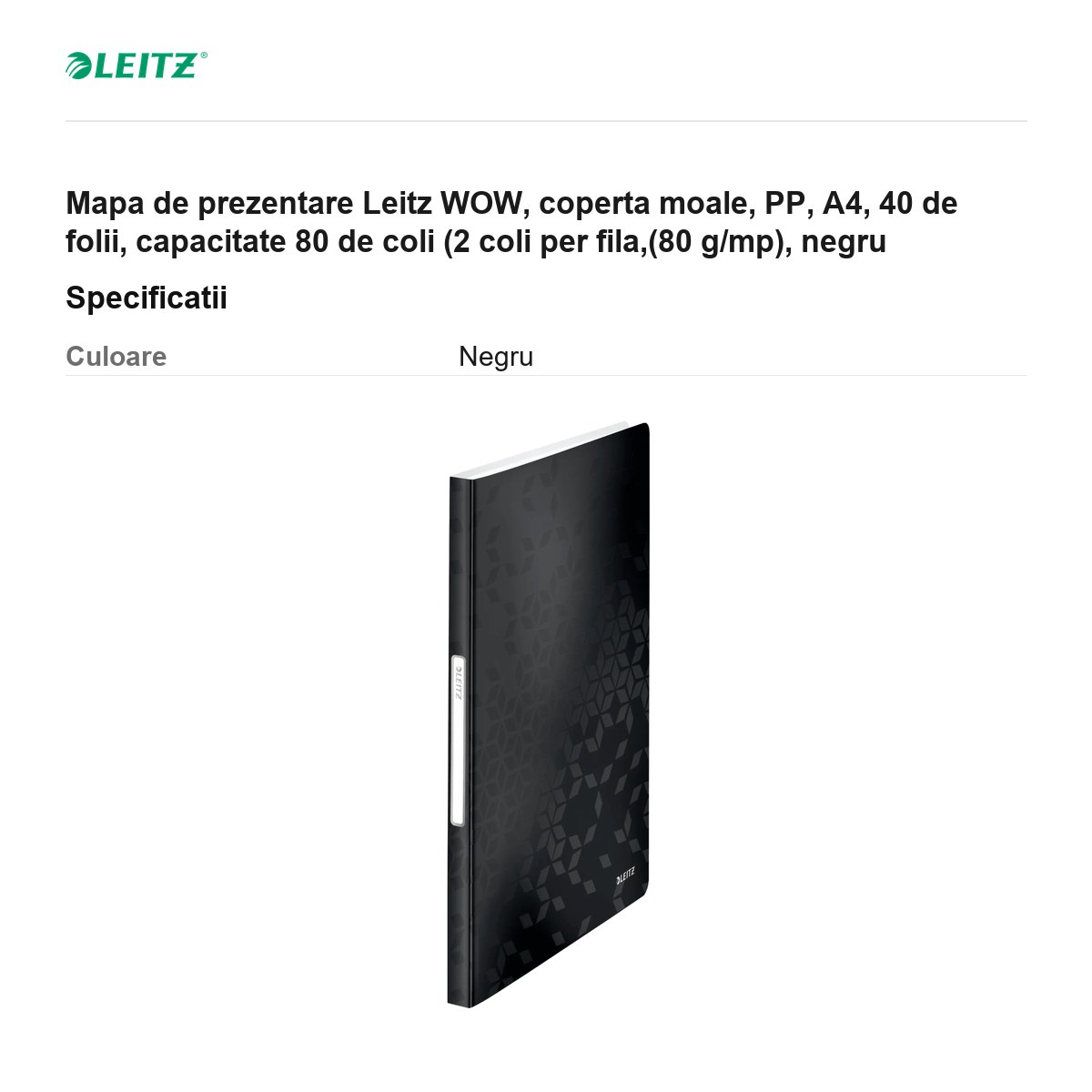 Mapa de prezentare Leitz WOW, coperta moale, PP, A4, 40 de folii, capacitate 80 de coli (2 coli per fila,(80 g/mp), negru [3]