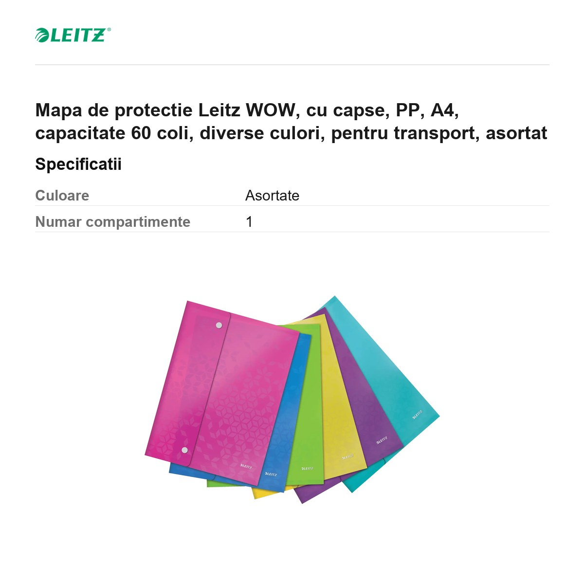 Mapa de protectie Leitz WOW, cu capse, PP, A4, capacitate 60 coli, diverse culori, pentru transport, asortat [3]
