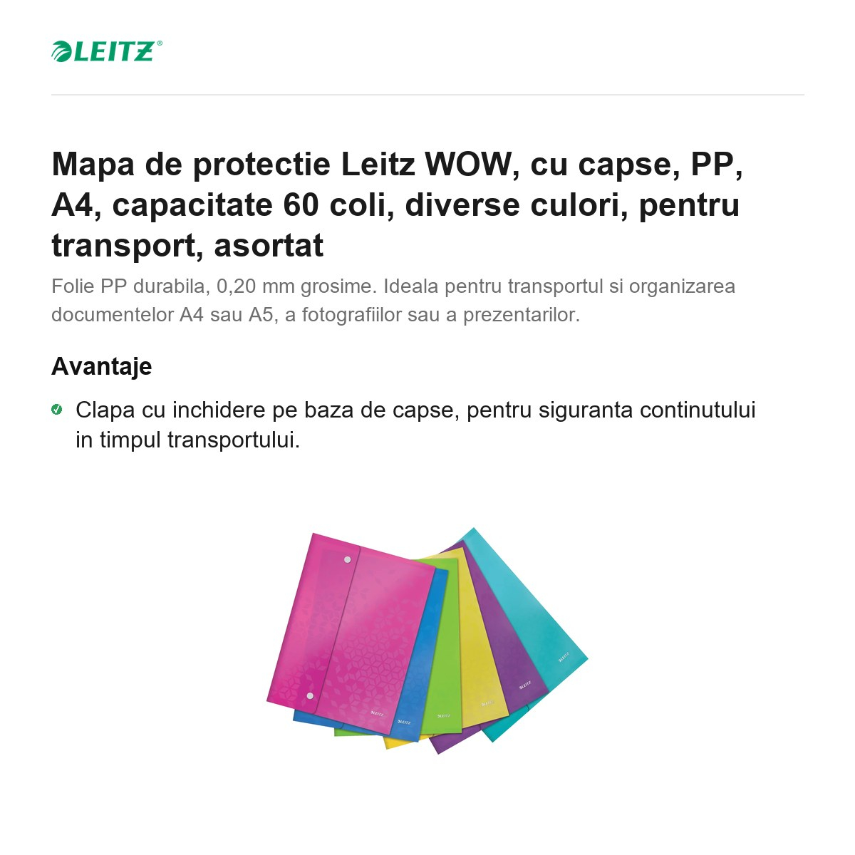 Mapa de protectie Leitz WOW, cu capse, PP, A4, capacitate 60 coli, diverse culori, pentru transport, asortat [2]