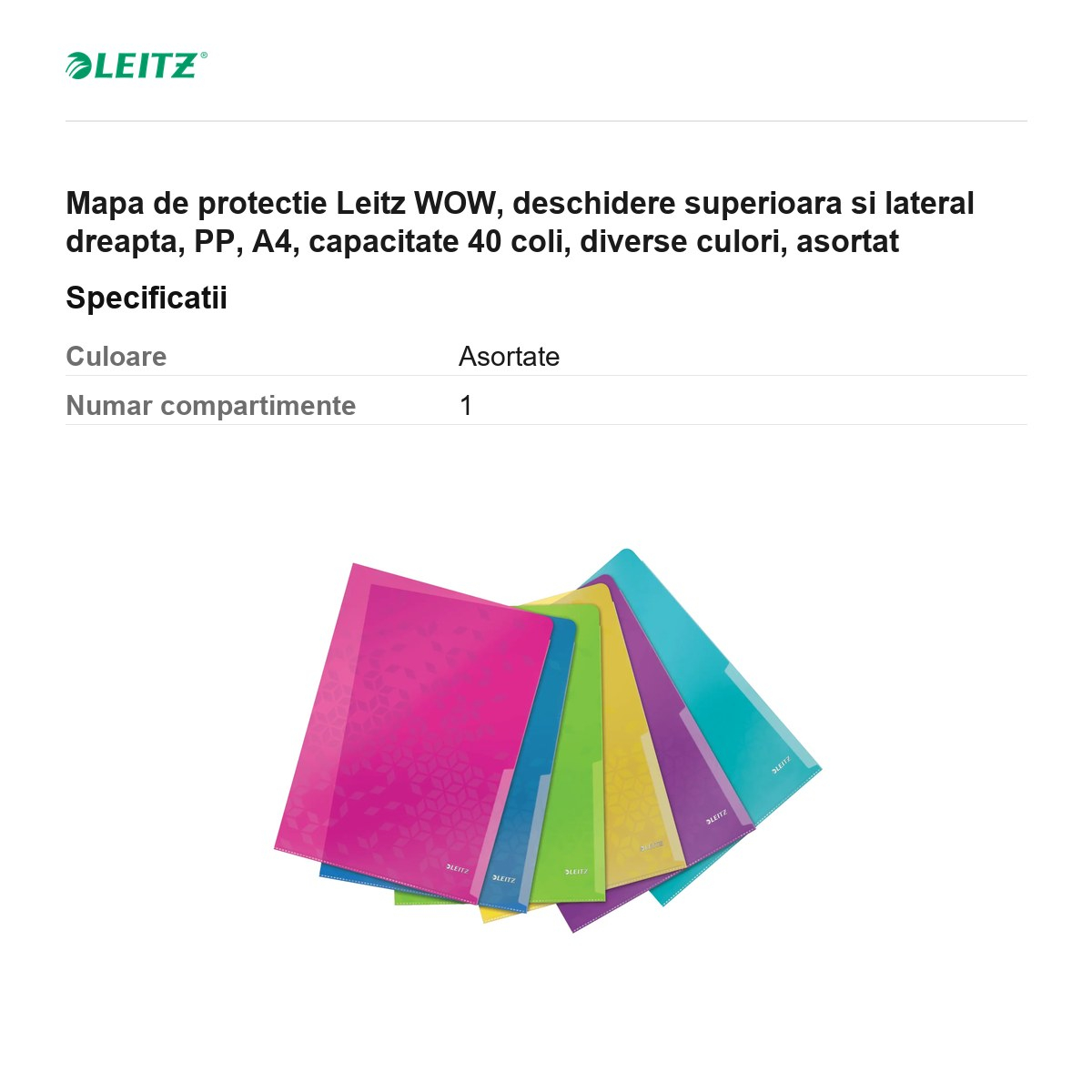 Mapa de protectie Leitz WOW, deschidere superioara si lateral dreapta, PP, A4, capacitate 40 coli, diverse culori, asortat [3]
