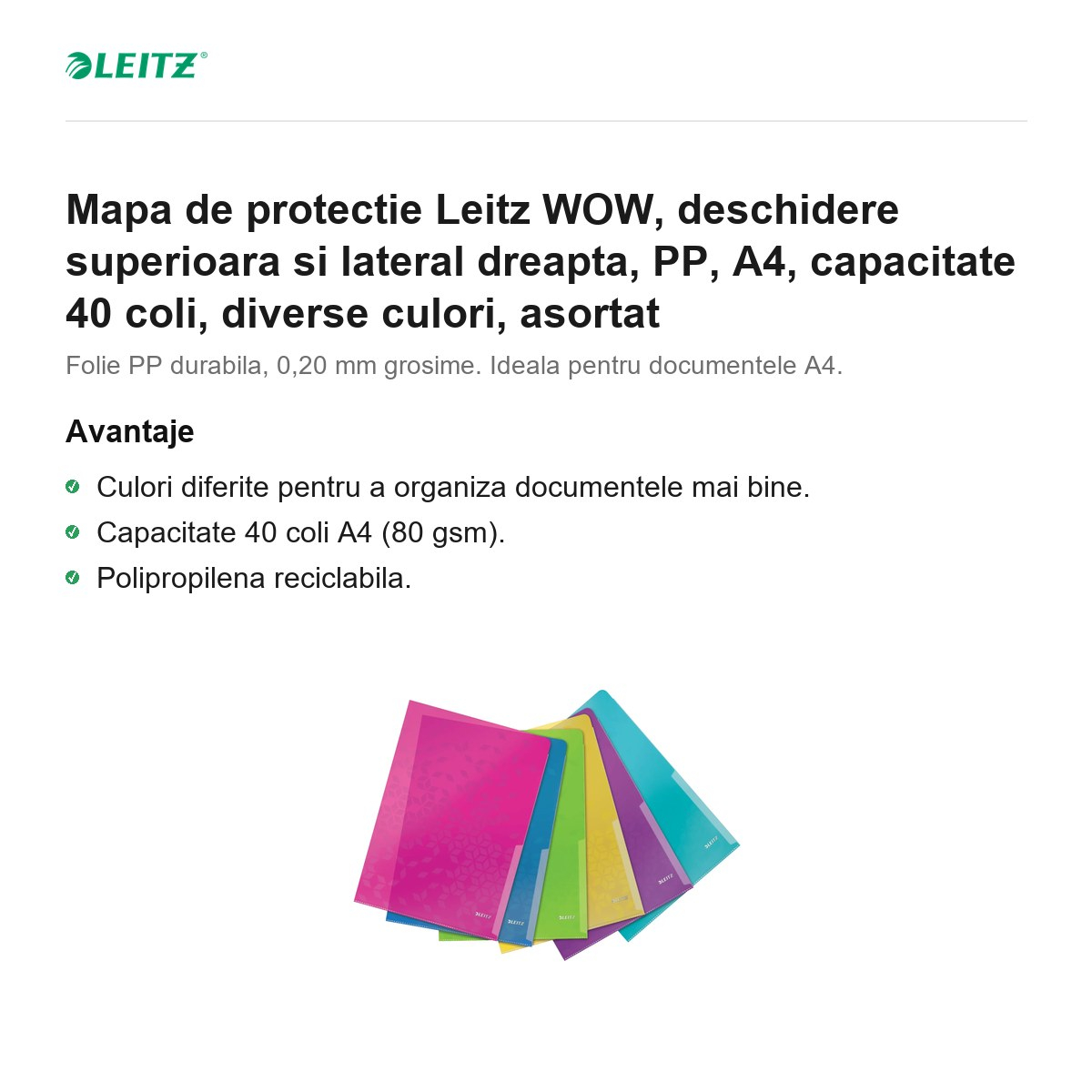 Mapa de protectie Leitz WOW, deschidere superioara si lateral dreapta, PP, A4, capacitate 40 coli, diverse culori, asortat [2]