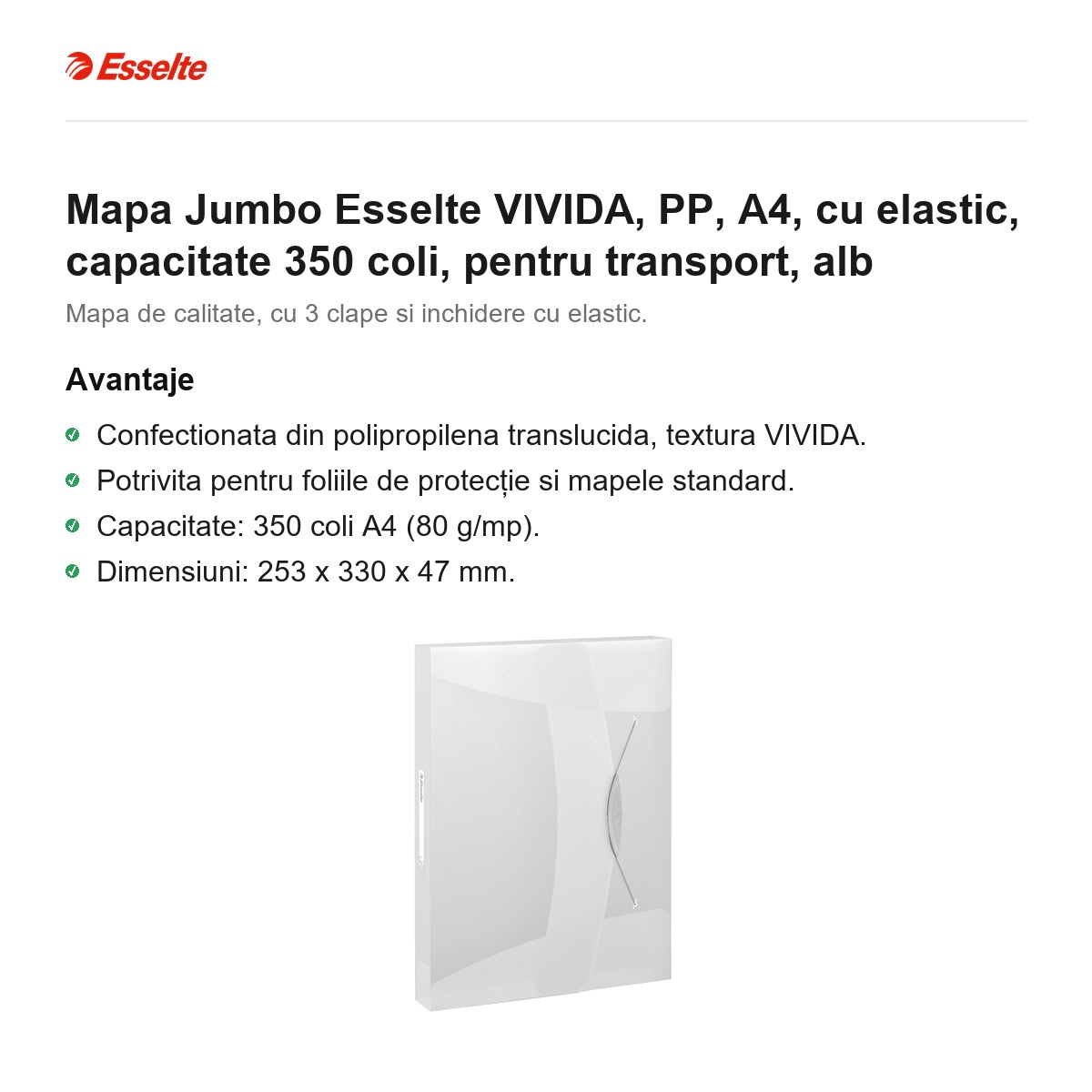 Mapa Jumbo Esselte VIVIDA, PP, A4, cu elastic, capacitate 350 coli, pentru transport, alb [2]