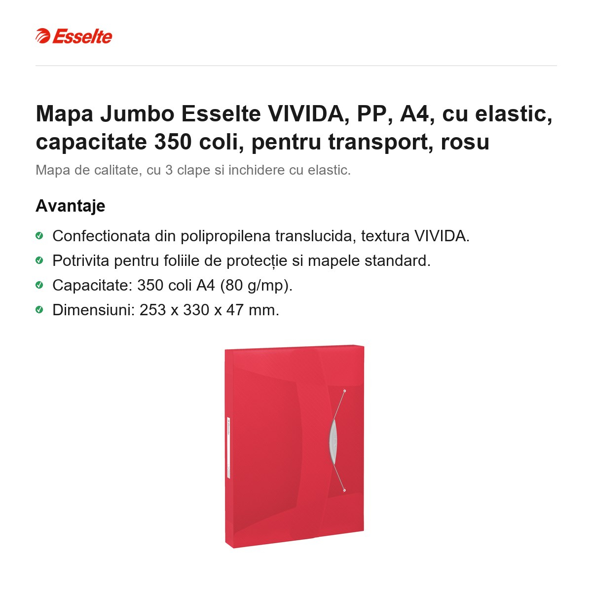 Mapa Jumbo Esselte VIVIDA, PP, A4, cu elastic, capacitate 350 coli, pentru transport, rosu [2]
